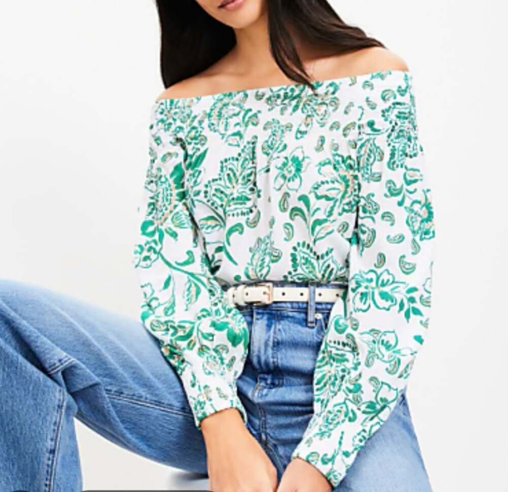 Loft White Green Off The Shoulder Top S NWT
